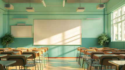 Bright and inviting classroom interior with empty desks, green walls, and sunlight streaming in