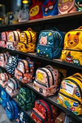 Fototapeta premium A variety of small, colorful backpacks featuring playful animal designs are neatly arranged on shelves inside a lively store
