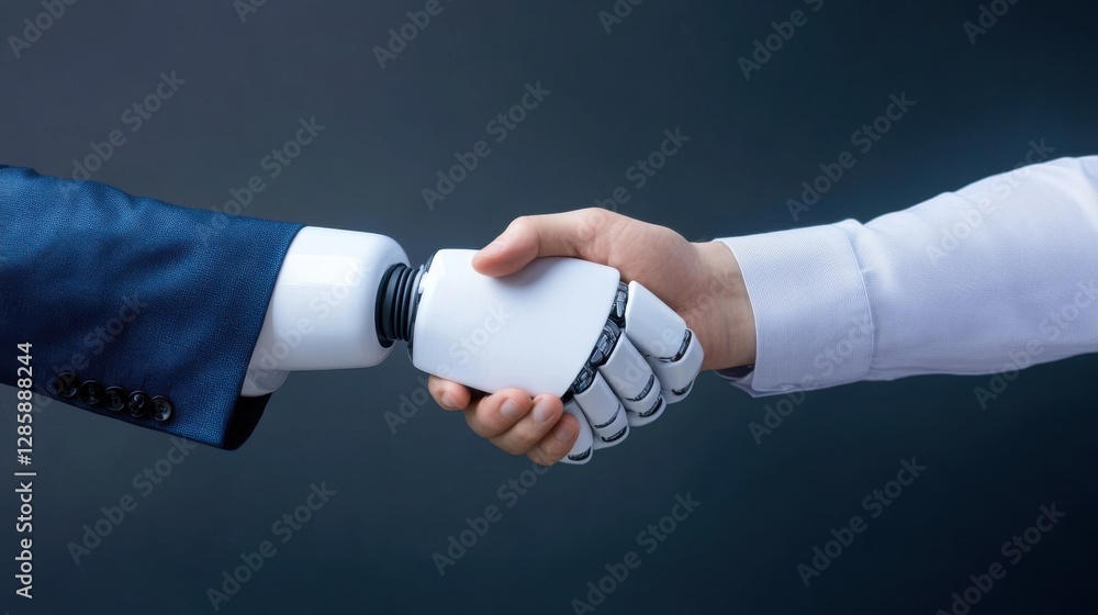 Poster human and robot handshake symbolizing collaboration and future technology integration
