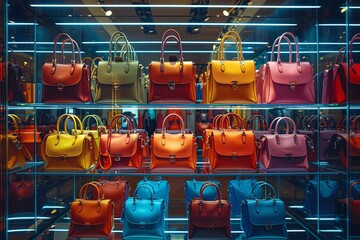 A vibrant array of handbags is showcased in a stylish retail display. The shelves are illuminated, highlighting bags in various colors and styles, enticing shoppers with their elegance