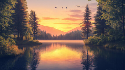 Serene Sunset Landscape in a Lush Forest with River Reflection