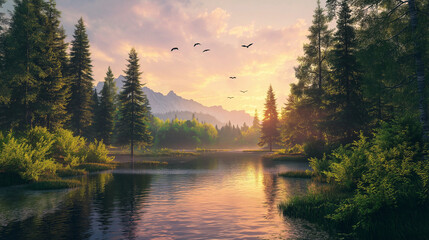 Serene Sunset Landscape in a Lush Forest with River Reflection