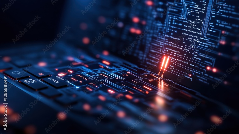 Poster futuristic laptop keyboard with digital circuitry and glowing lights in a high-tech environment
