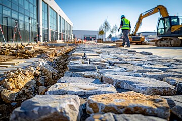 Workers are installing stone pavement at a building site during daylight. Equipment is visible, and the area is under construction with scattered materials and tools present
