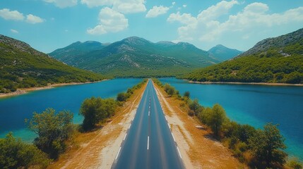 Scenic Mountain Road Leading Through Turquoise Lake. Aerial View