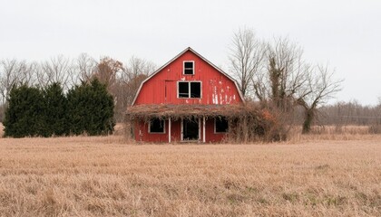 Obraz premium Dilapidated red barn in a field, rural landscape