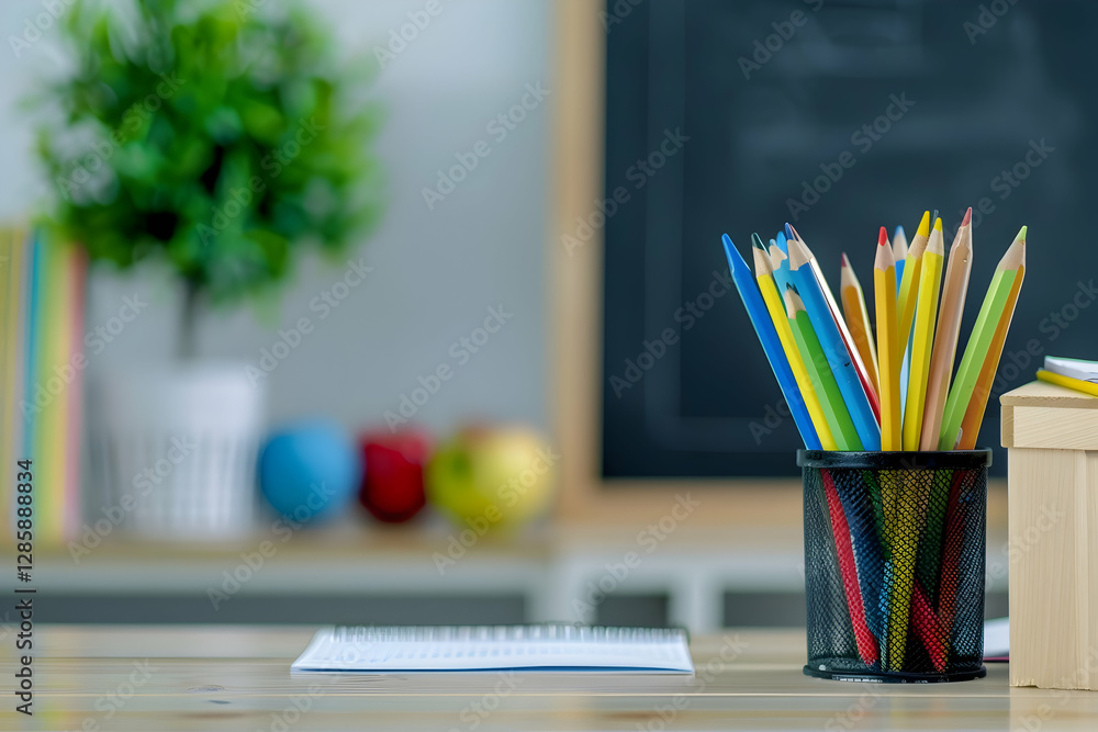 Poster Colorful pencils in a black holder on a desk with a notepad and a background of a classroom