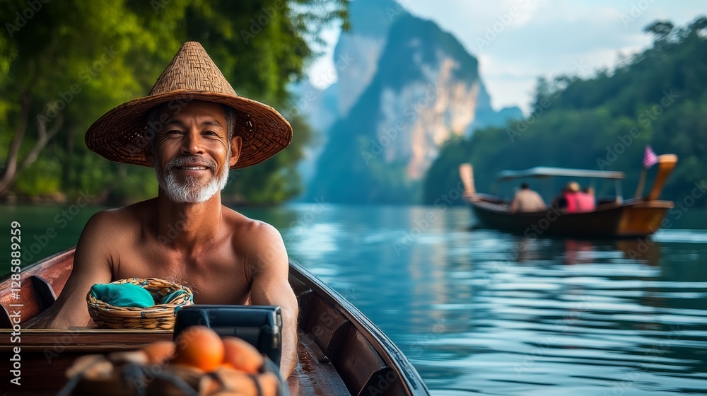Poster man in a straw hat is sitting in a boat on a river. he is smiling and he is enjoying his time
