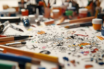 Cartoon doodles on paper amidst art supplies on a table