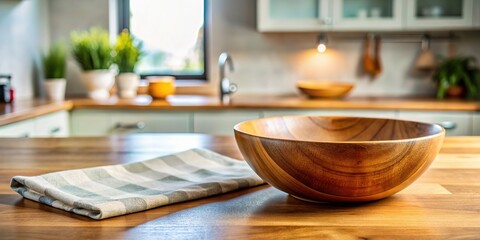 Fototapeta premium Minimalist kitchen, wooden bowl and napkin.