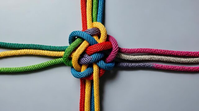 Symbolizing Teamwork, Tightly Knotted Multi-Colored Ropes Representing Unity, Strength, and Collaboration Concept Visual