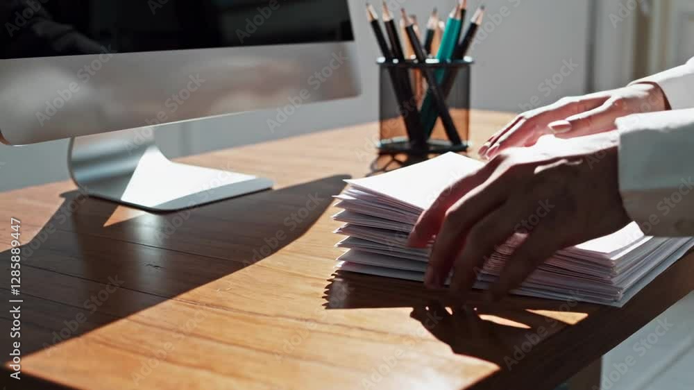 Aufkleber focused businessman carefully reviewing stack of financial documents, methodically checking papers w