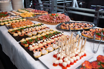 Delightful buffet assortment of canapes garnished with fresh ingredients served at a festive evening gathering