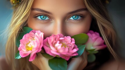 Naklejka premium Woman with long blonde hair and blue eyes is holding a bouquet of pink flowers. The flowers are arranged in a way that they are covering her face, making her look like she is wearing a mask