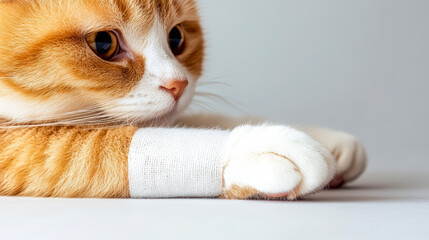 Adorable orange cat with bandaged paw resting, offering comfort and care tips for pet owners. Enhance feline healthcare knowledge.