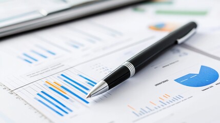 Business Report with Charts and Graphs on Desk with Black Pen, Showing Data Analysis and Financial Overview