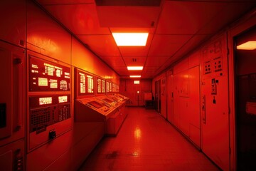 Red-lit control room corridor with panels and gauges