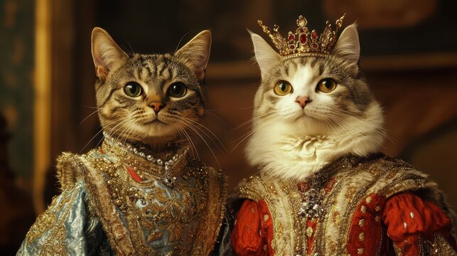 Two regal cats dressed in royal attire and crowns, adding charm and whimsy.