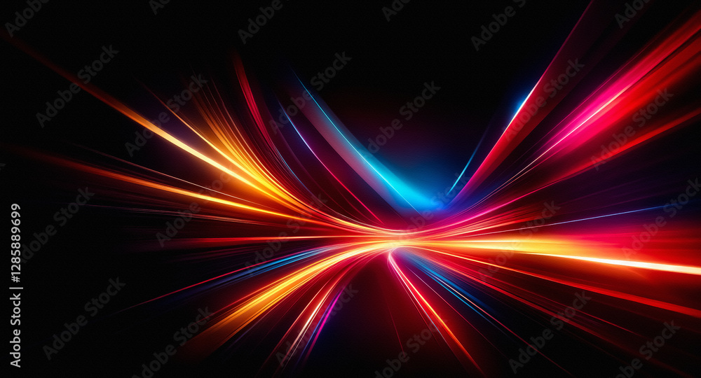 Poster vibrant light streaks emanate from a central point against a dark backdrop, creating a dynamic and e