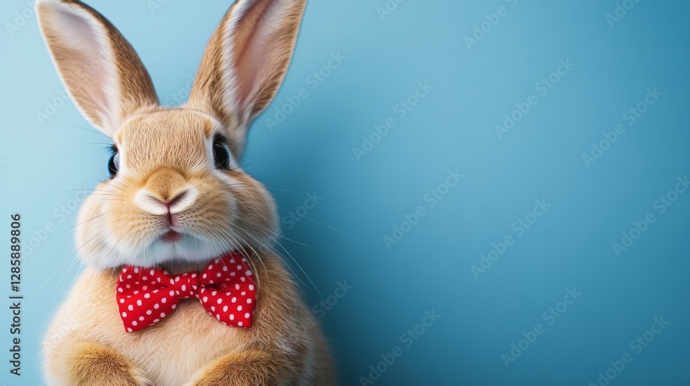 Poster rabbit wearing a red bow tie is standing in front of a blue background. the rabbit's eyes are lookin