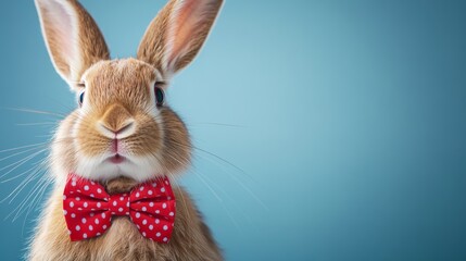 Obraz premium Rabbit wearing a red bow tie is staring at the camera. The image has a playful and whimsical mood, as the rabbit is dressed up in a formal accessory typically worn by humans