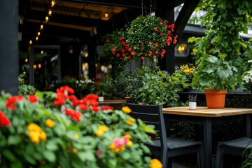 Naklejka premium Outdoor cafe patio with flowers and plants, summer dining