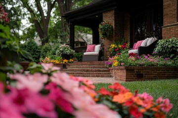 Suburban home's vibrant front yard garden with patio furniture