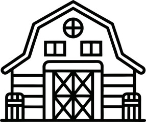 "Farmer's Barn Editable Stroke Outline Icon" represents elements like a barn, hay bales, and farming tools, all designed with editable stroke outlines. This icon is used for agricultural, farming, 