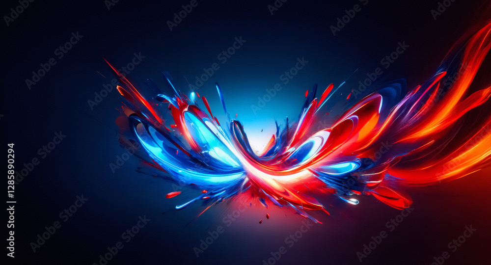 Poster a vivid abstract splash of vibrant blue and red hues dominates a dark backdrop, creating a dynamic a