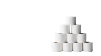 Stacked rolls of toilet paper arranged in a pyramid shape on a white background