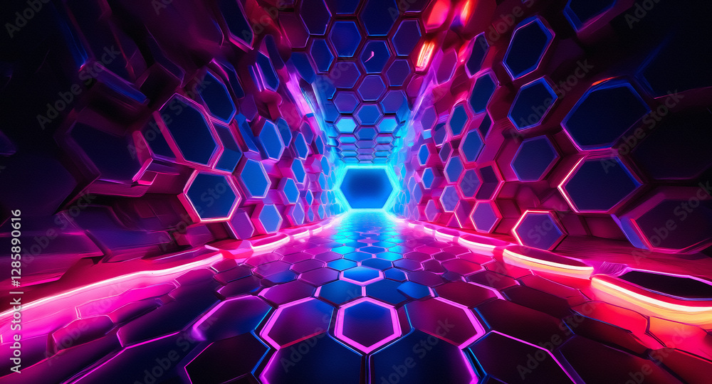 Poster futuristic tunnel vision with glowing hexagonal patterns in vibrant neon blue and pink. perspective 