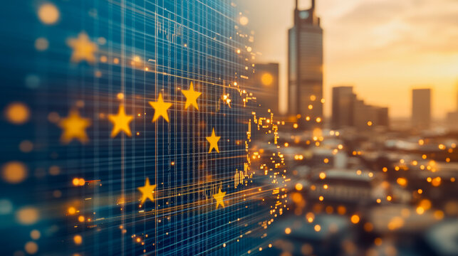 European Union digital transformation concept in urban cityscape. Innovative technology solutions in modern EU city, futuristic skyline.