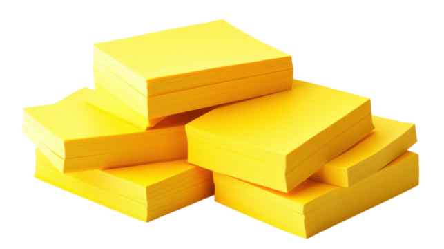 Stacks of yellow sticky notes arranged neatly on a white surface in a workspace setting
