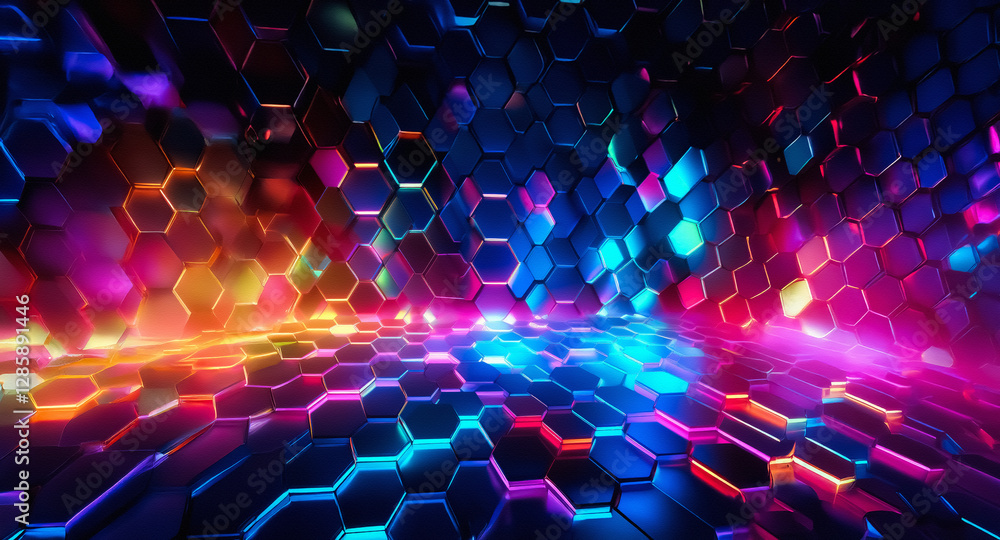 Poster vibrant neon hexagons form a dynamic tunnel with a futuristic and abstract feel. the geometric patte