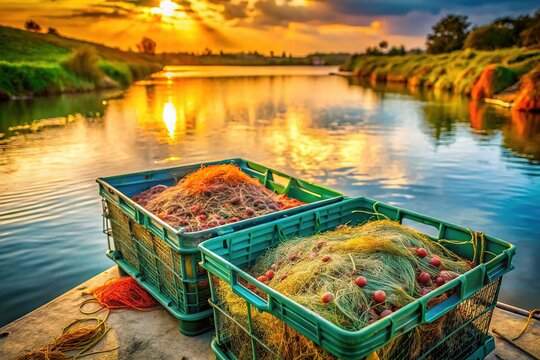 Rezovo River, Bulgaria:  Rusty fishing crates.  AI-generated photorealism.  Tranquil scene.