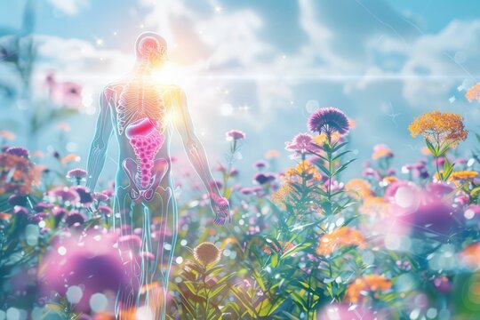 A translucent human figure with highlighted digestive organs stands in a vibrant, sunlit flower field, symbolizing health and nature's healing power.
