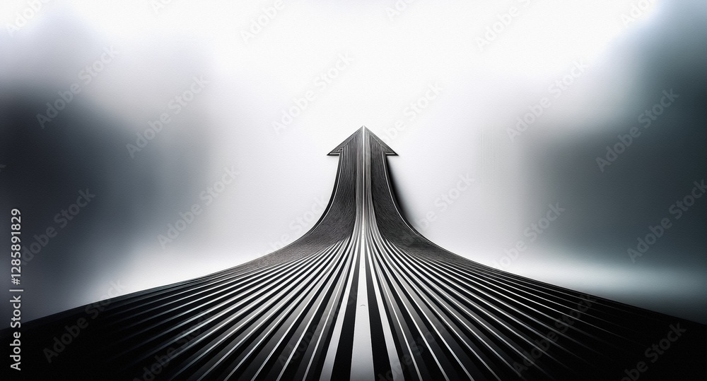 Poster a metallic arrow comprised of converging lines points upward towards a bright light source, creating