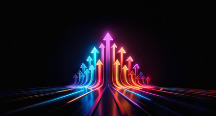 Colorful neon arrows ascend on a dark background, creating a vibrant path of light. Gradient hues point upwards on a reflective surface, symbolizing growth and progress.