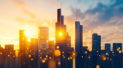 Fototapeta premium Stunning city skyline at sunset, modern skyscrapers reflecting golden light, urban architecture, vibrant cityscape photography inspiration.