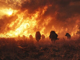 Fototapeta premium Dramatic Silhouettes of Animals Fleeing Glowing Wildfire in Apocalyptic Landscape