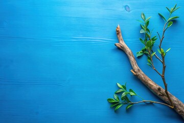 Fototapeta premium Showcase your product on a blue wooden branch background. Ample writing space included.