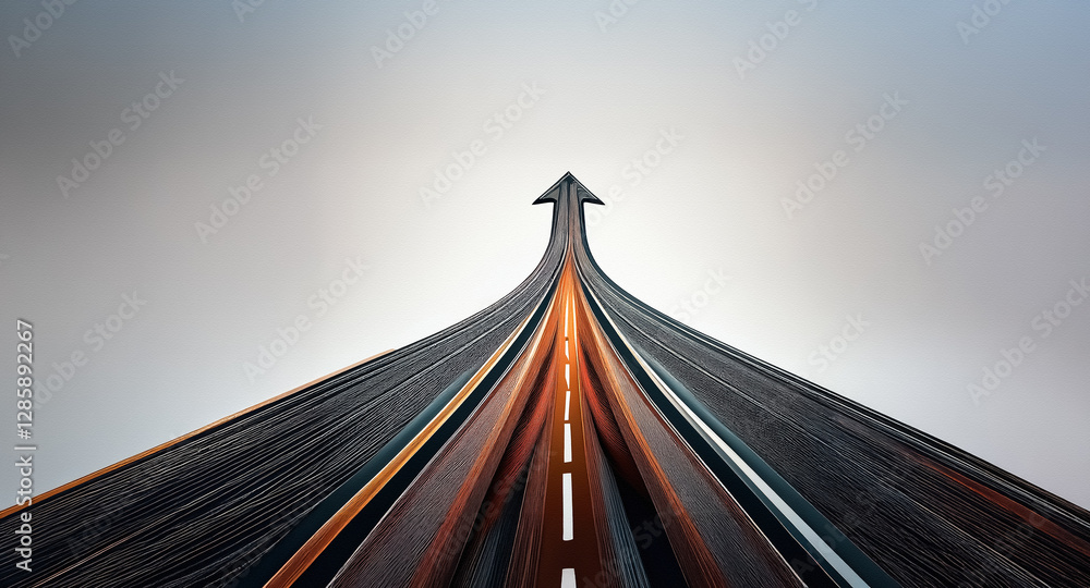 Poster road curving upwards into an arrow shape against a gradient sky. perspective view of path leading to