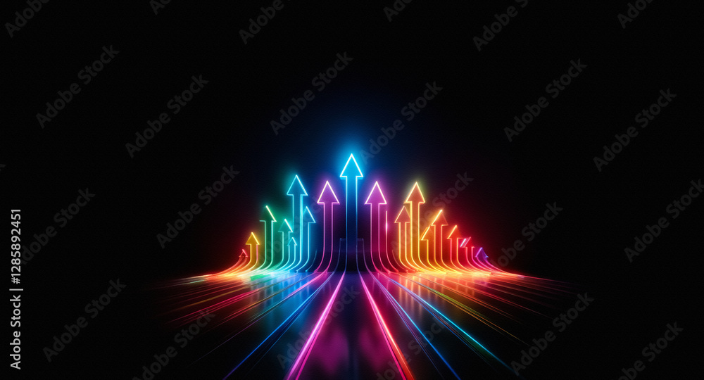Poster colorful neon arrows ascend on a dark backdrop, creating a vibrant path of light, symbolizing progre