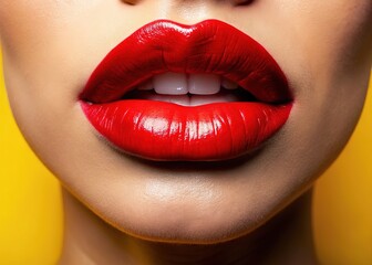 Fototapeta premium Simple red lips, pop art yellow background, AI-generated.