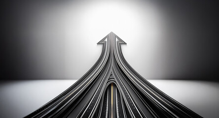 Abstract convergence towards upward motion, multiple paths uniting into a singular arrow, symbolizing direction and progress against a gradient backdrop.