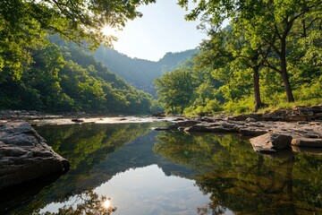 Fototapeta premium Sunrise over calm river in forested mountain valley, ideal for nature themes