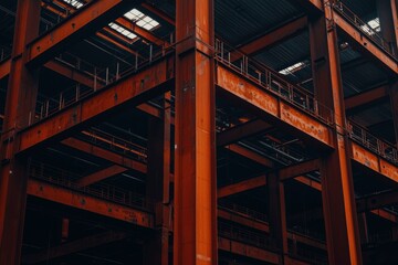 Fototapeta premium Red steel framework of a building under construction, industrial site