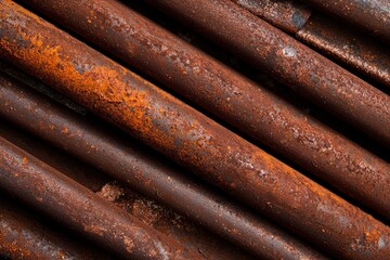 Rusty metal pipes stacked diagonally, industrial background, texture use