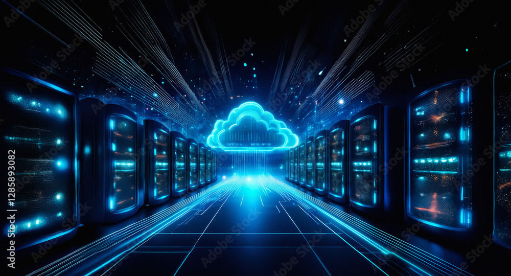 Aufkleber futuristic data center with glowing blue servers and lights. a digital cloud symbol in the center re