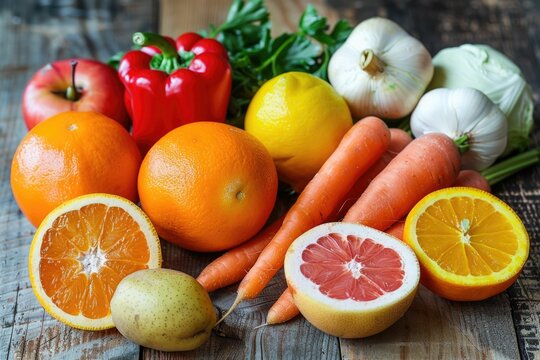 Assortment of fresh, vibrant fruits and vegetables including oranges, carrots, lemon, grapefruit, and red bell pepper.